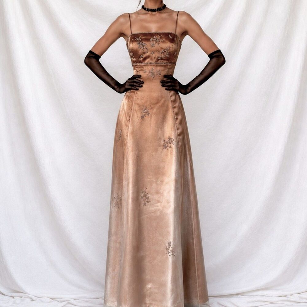 Vintage Y2K 90s Brown Floral Beaded Organza Flared Ombre Maxi Prom Dress XS/S